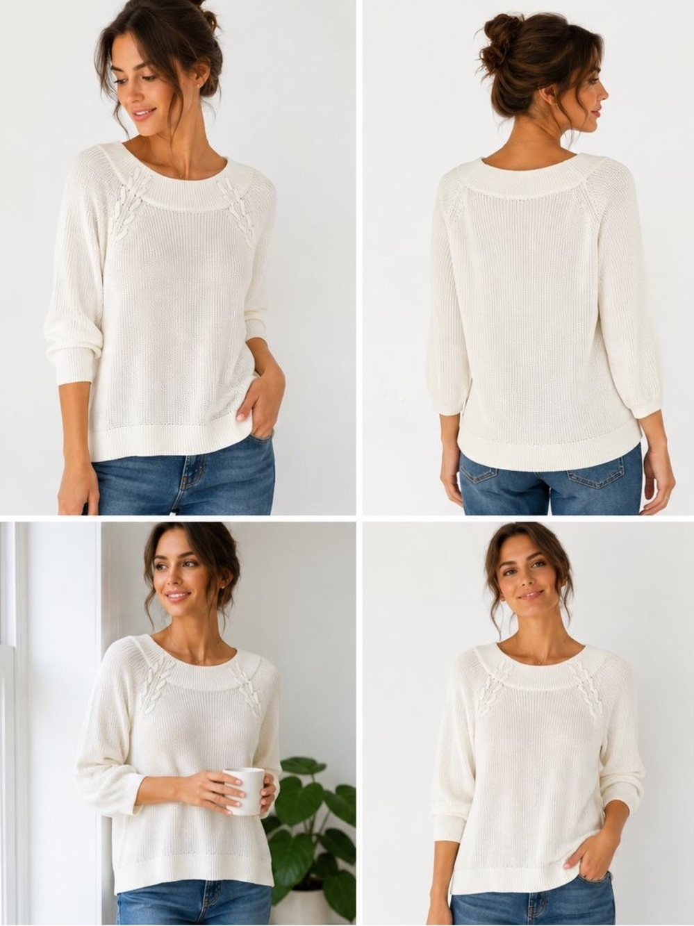 Soho Cream Scoopneck Knit Sweater with Braided Shoulder Detail